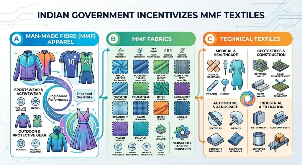 Indian government focuses on MMF textiles for incentives. Indian government focuses on MMF textiles for incentives.